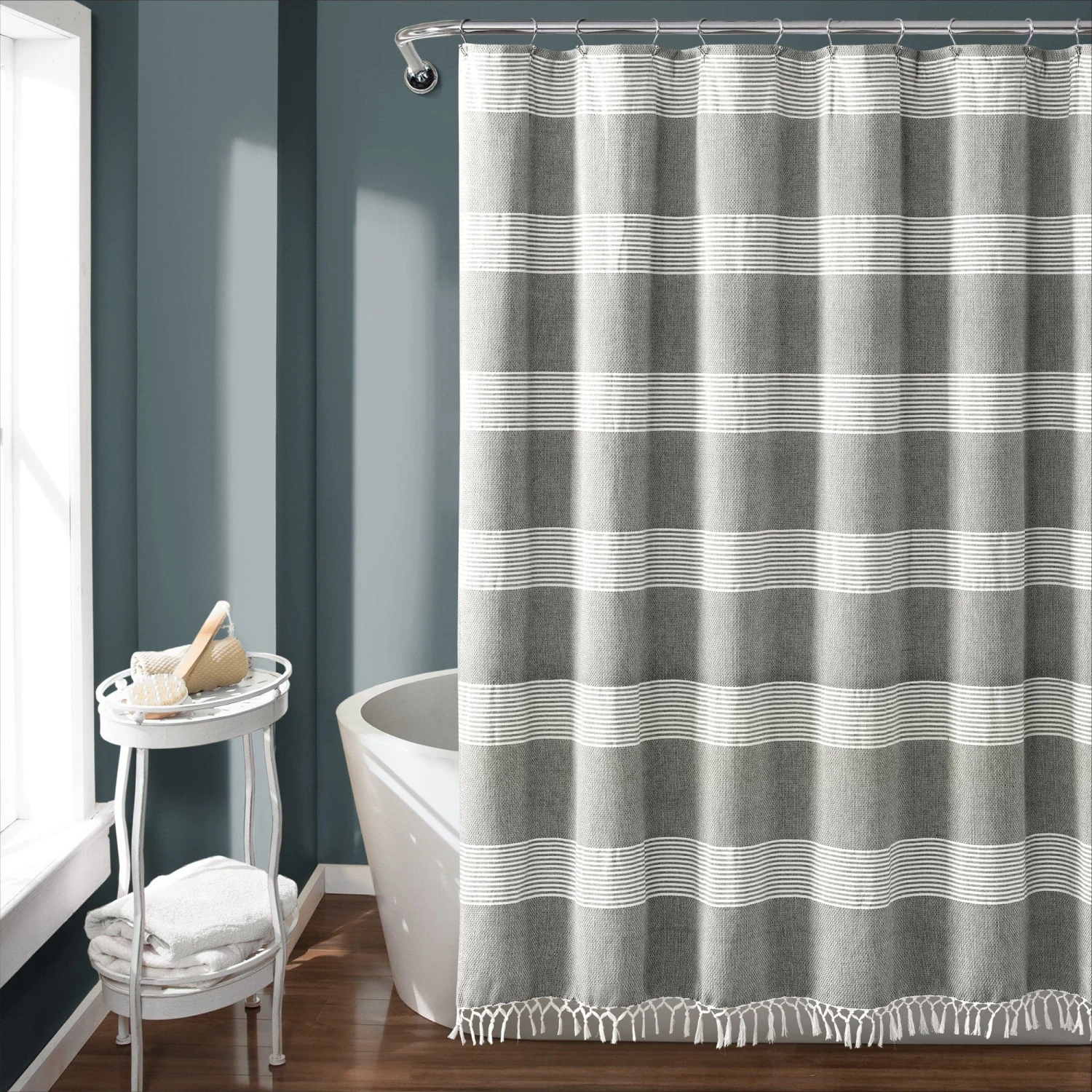 Tucker Stripe Yarn Dyed Cotton Knotted Tassel Shower Curtain