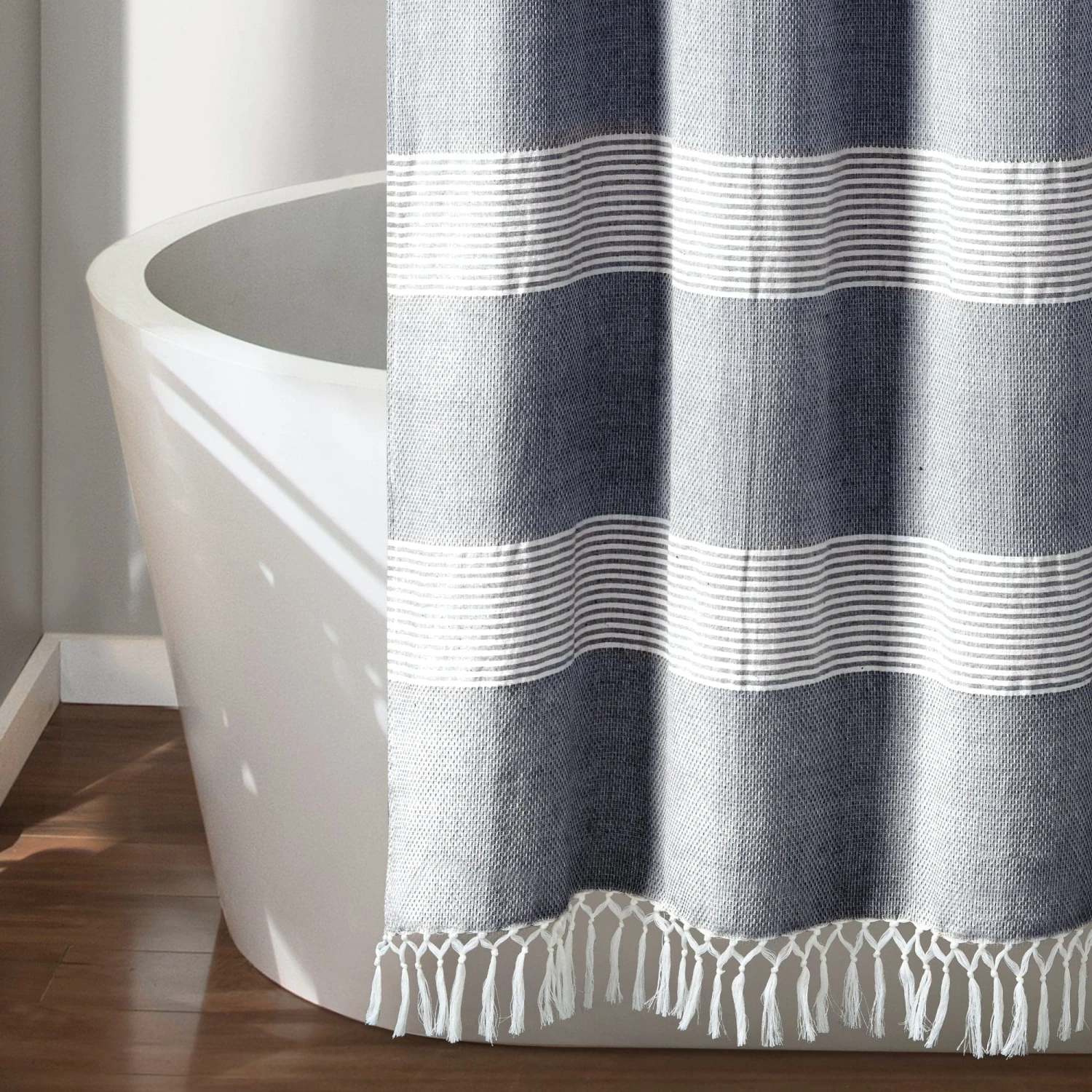 Tucker Stripe Yarn Dyed Cotton Knotted Tassel Shower Curtain - Image 14