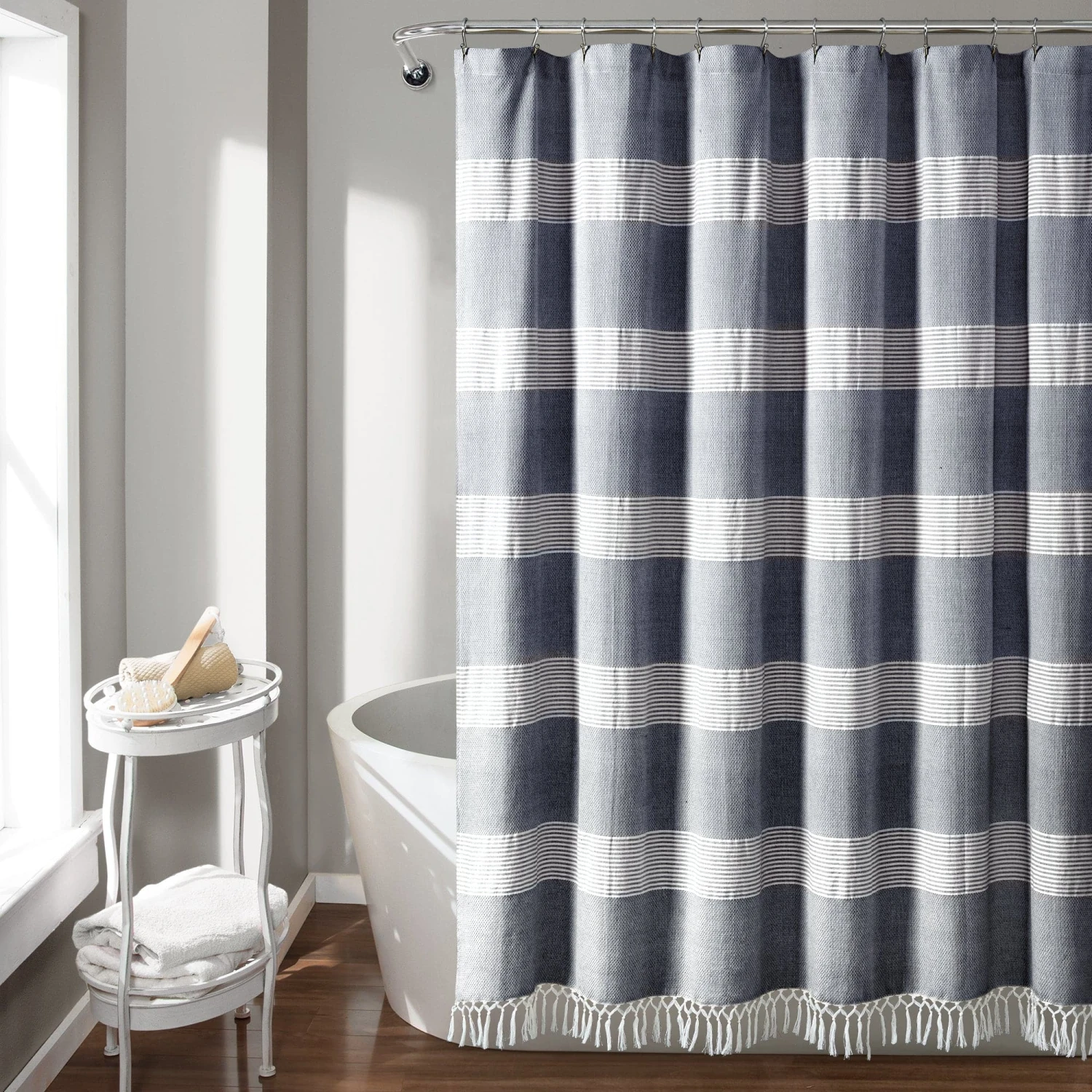 Tucker Stripe Yarn Dyed Cotton Knotted Tassel Shower Curtain - Image 3