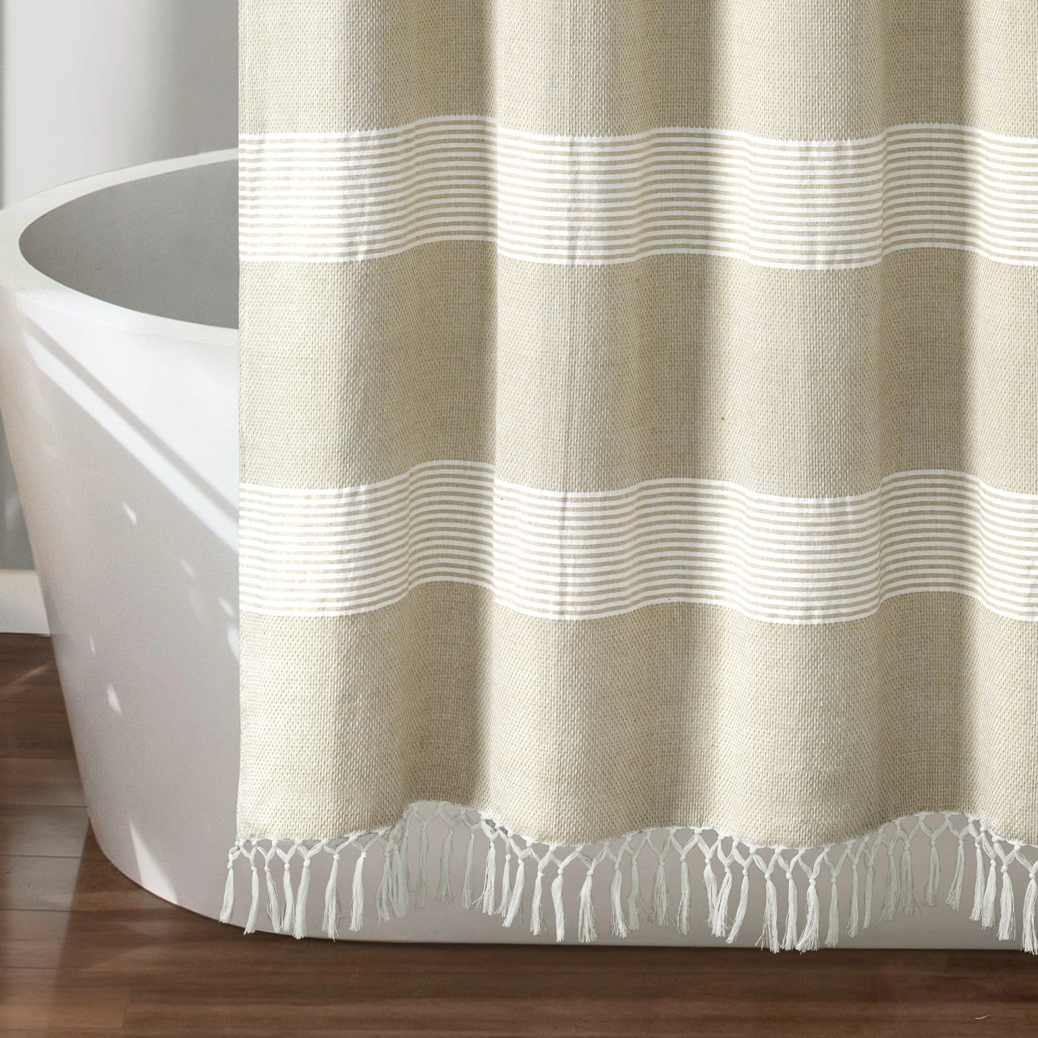Tucker Stripe Yarn Dyed Cotton Knotted Tassel Shower Curtain - Image 13