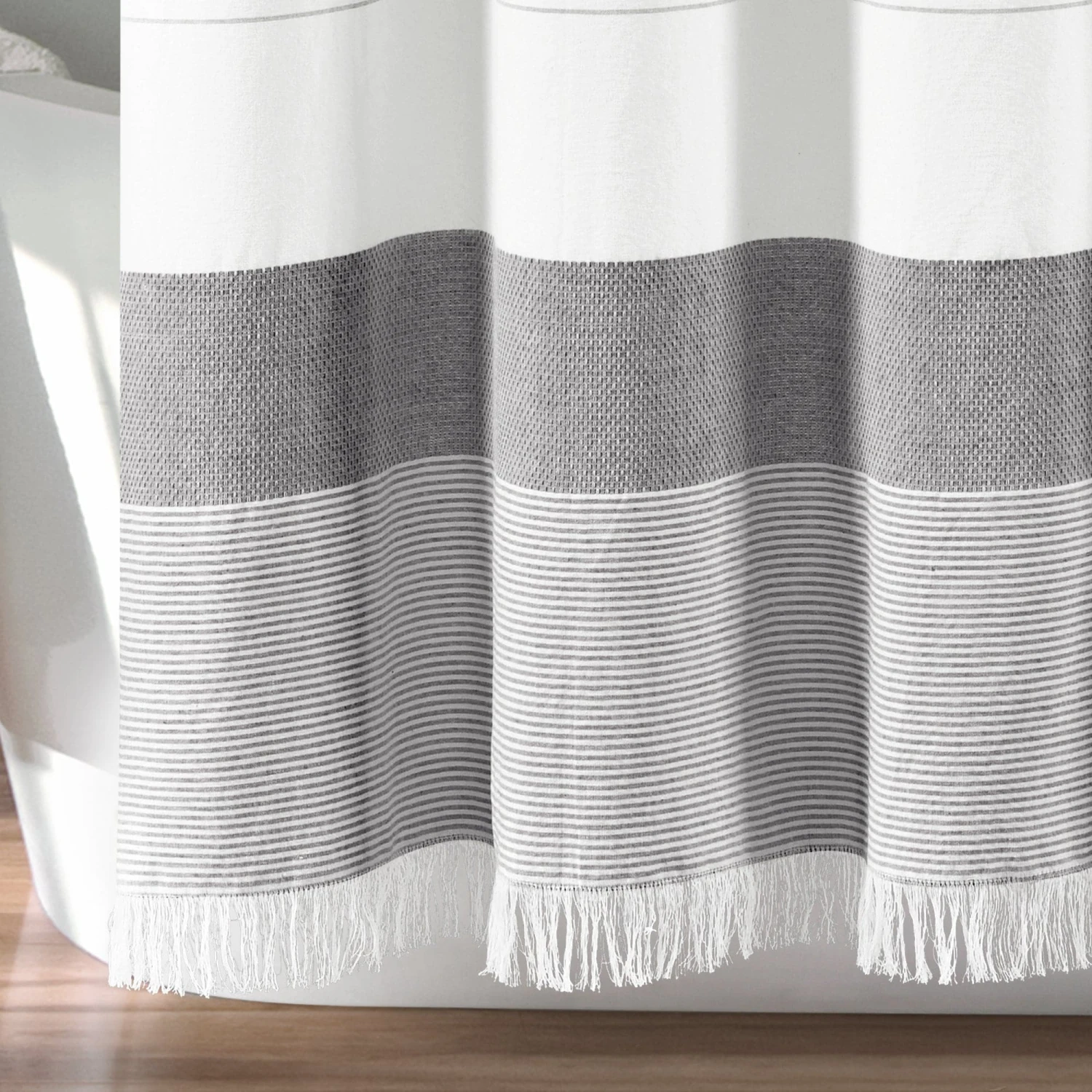Stripe Yarn Dyed Tassel Fringe Woven Cotton Shower Curtain - Image 9