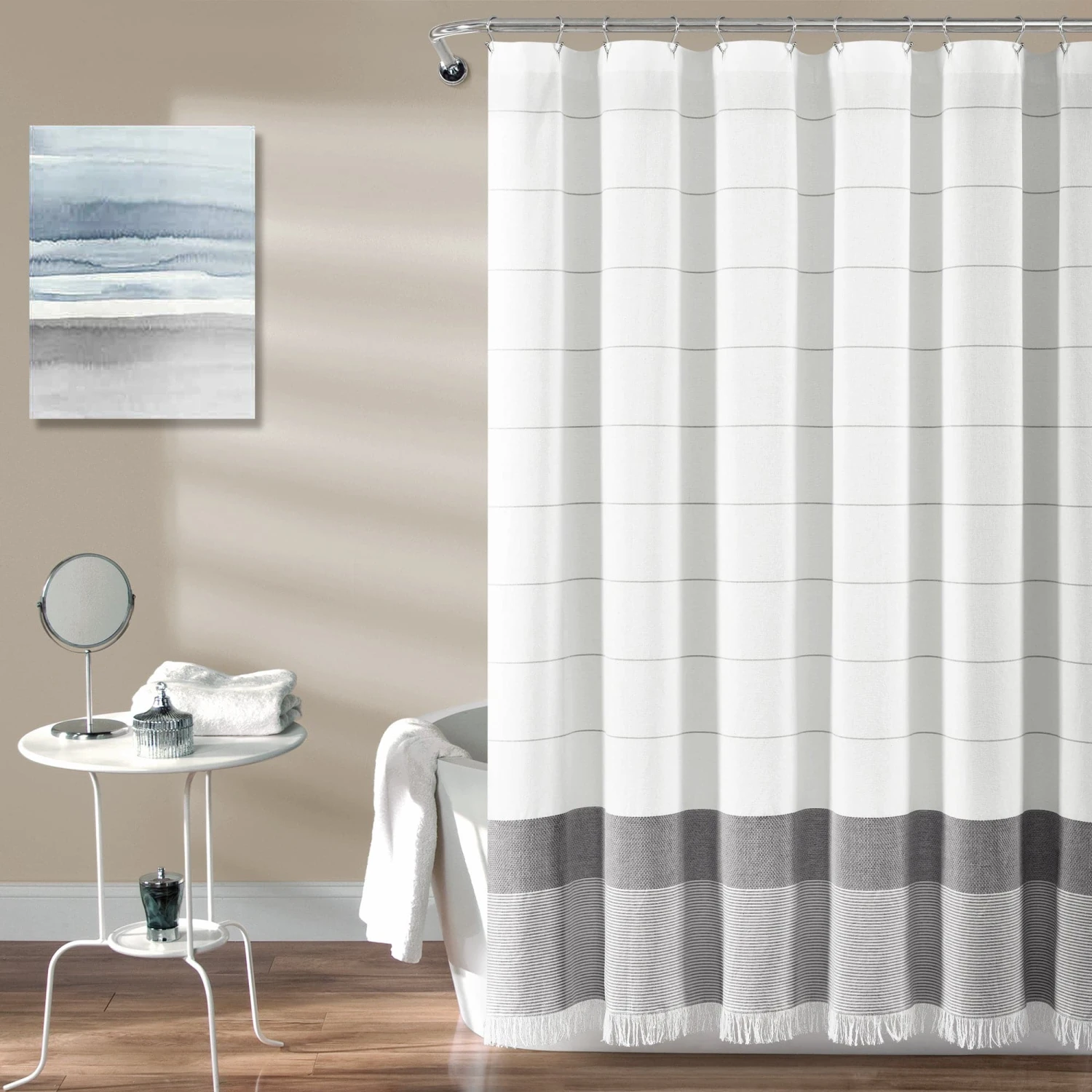 Stripe Yarn Dyed Tassel Fringe Woven Cotton Shower Curtain - Image 2
