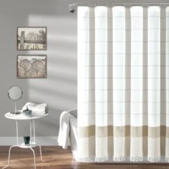 Stripe Yarn Dyed Tassel Fringe Woven Cotton Shower Curtain