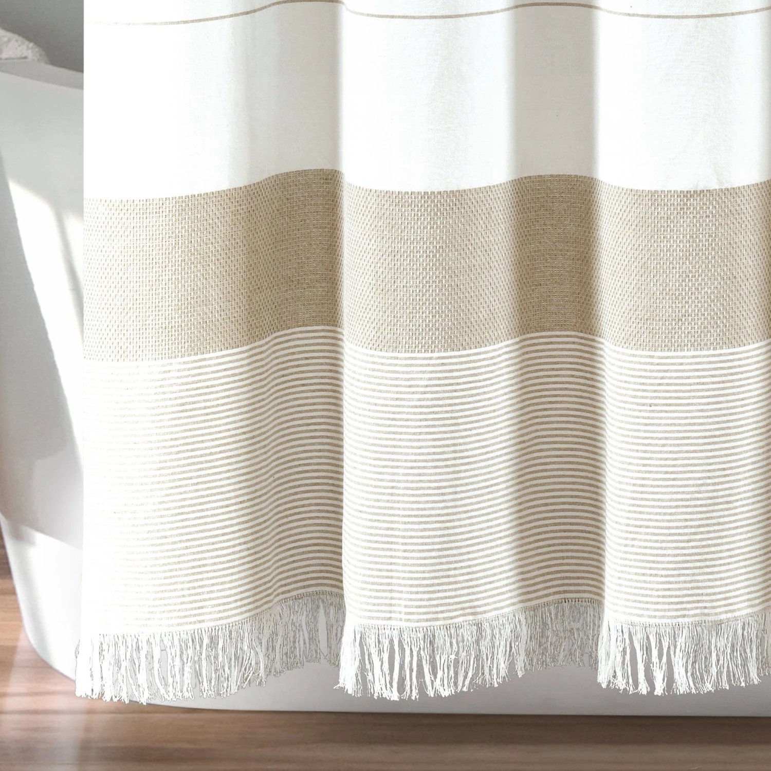 Stripe Yarn Dyed Tassel Fringe Woven Cotton Shower Curtain - Image 4