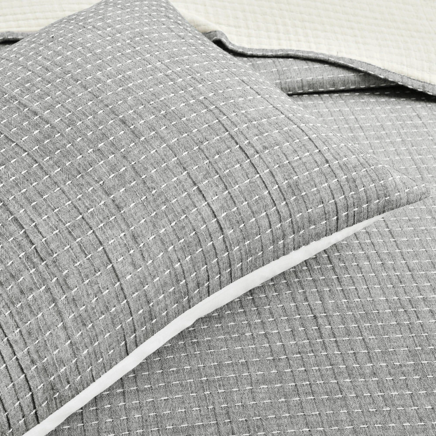 Solid Kantha Pick Stitch Yarn Dyed Cotton Woven Quilt/Coverlet Set - Image 20