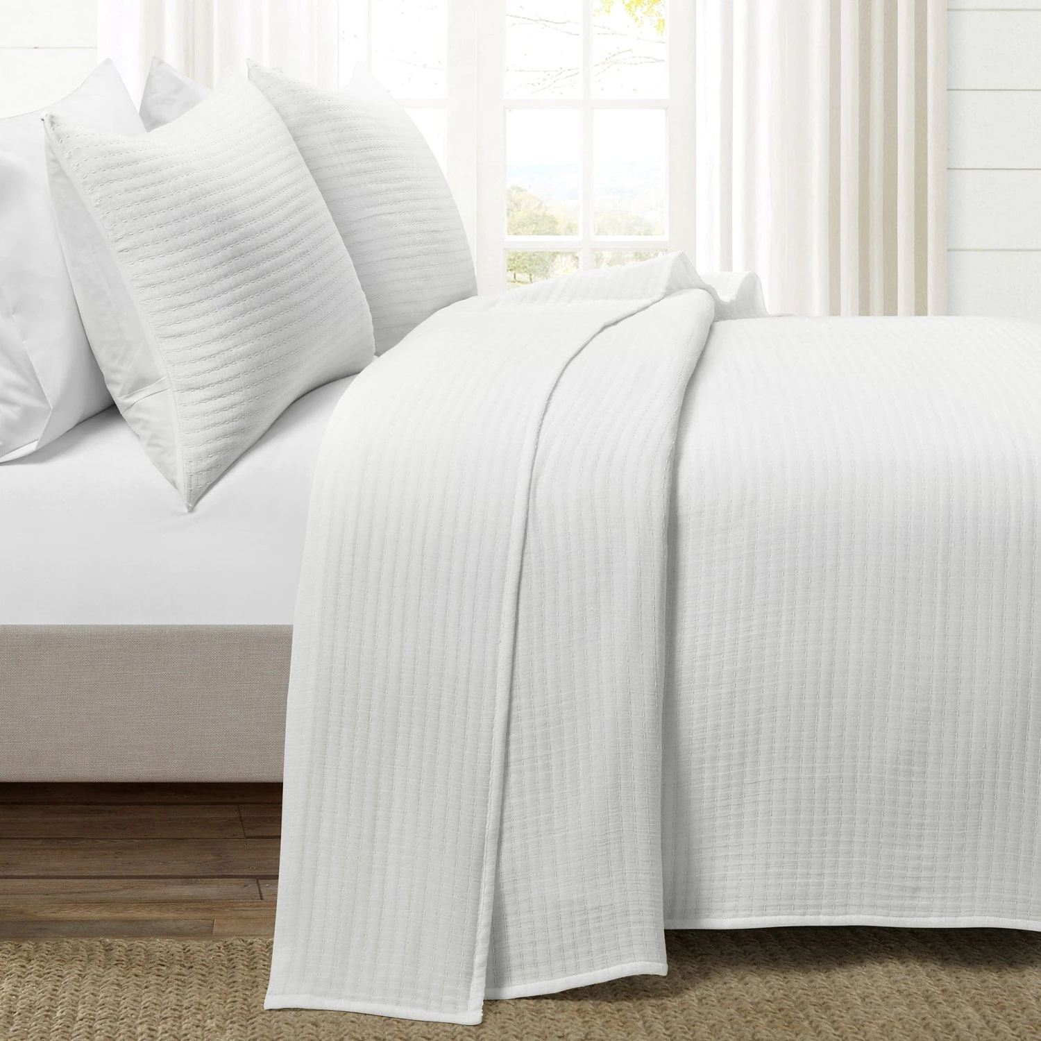 Solid Kantha Pick Stitch Yarn Dyed Cotton Woven Quilt/Coverlet Set - Image 14