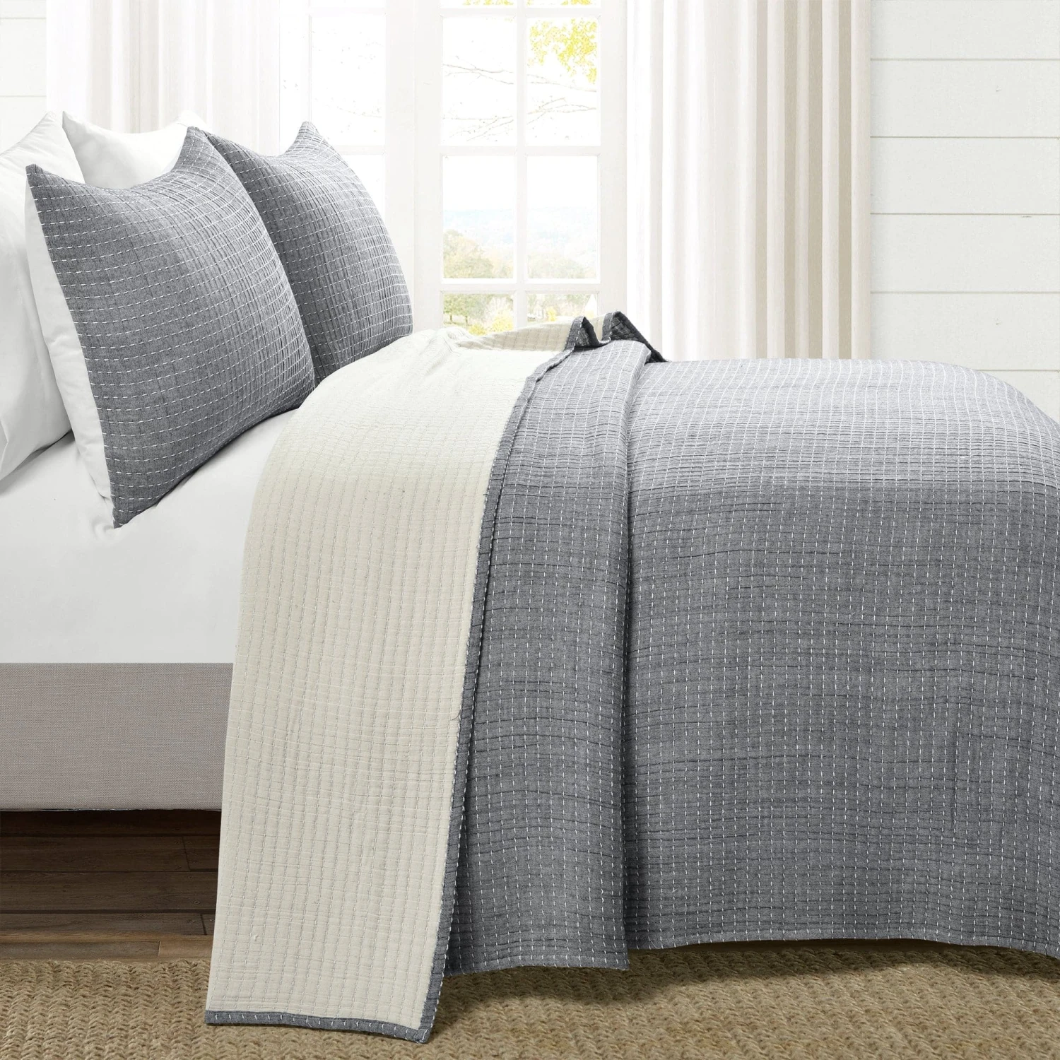 Solid Kantha Pick Stitch Yarn Dyed Cotton Woven Quilt/Coverlet Set - Image 6