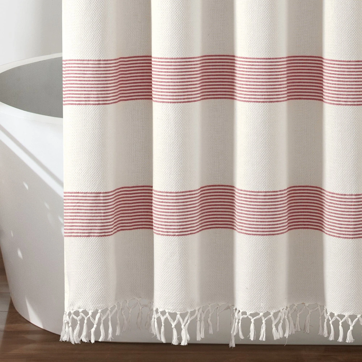 Tucker Stripe Yarn Dyed Cotton Knotted Tassel Shower Curtain - Image 16