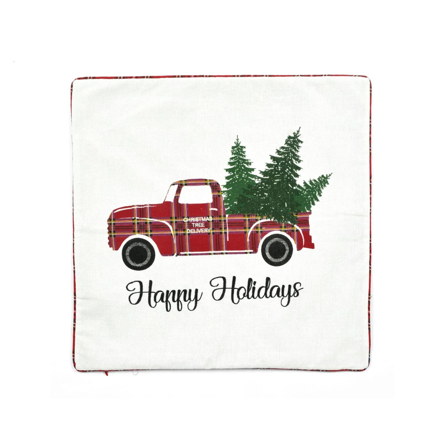 Holiday Truck Plaid Embroidery Script Decorative Pillow Cover - Image 2