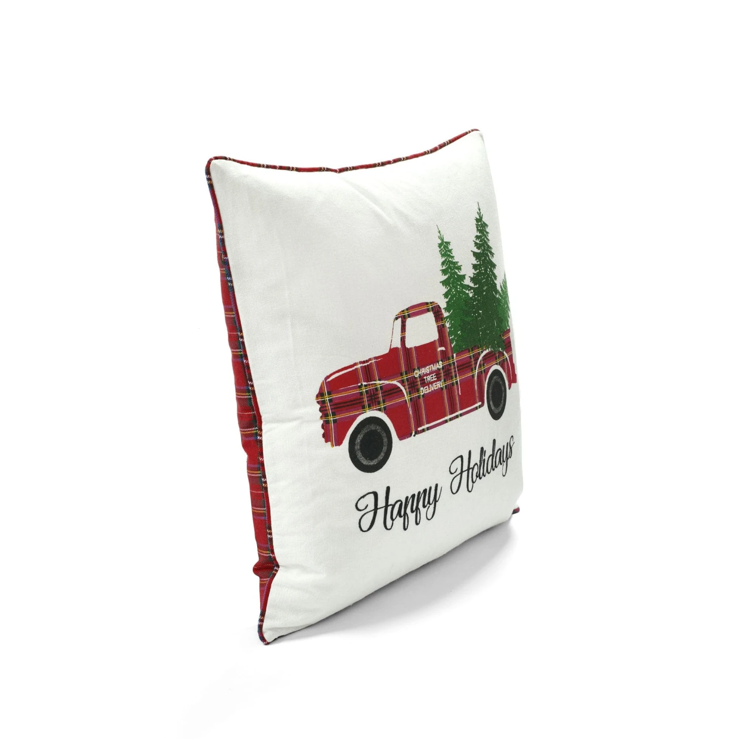 Holiday Truck Plaid Embroidery Script Decorative Pillow Cover - Image 3