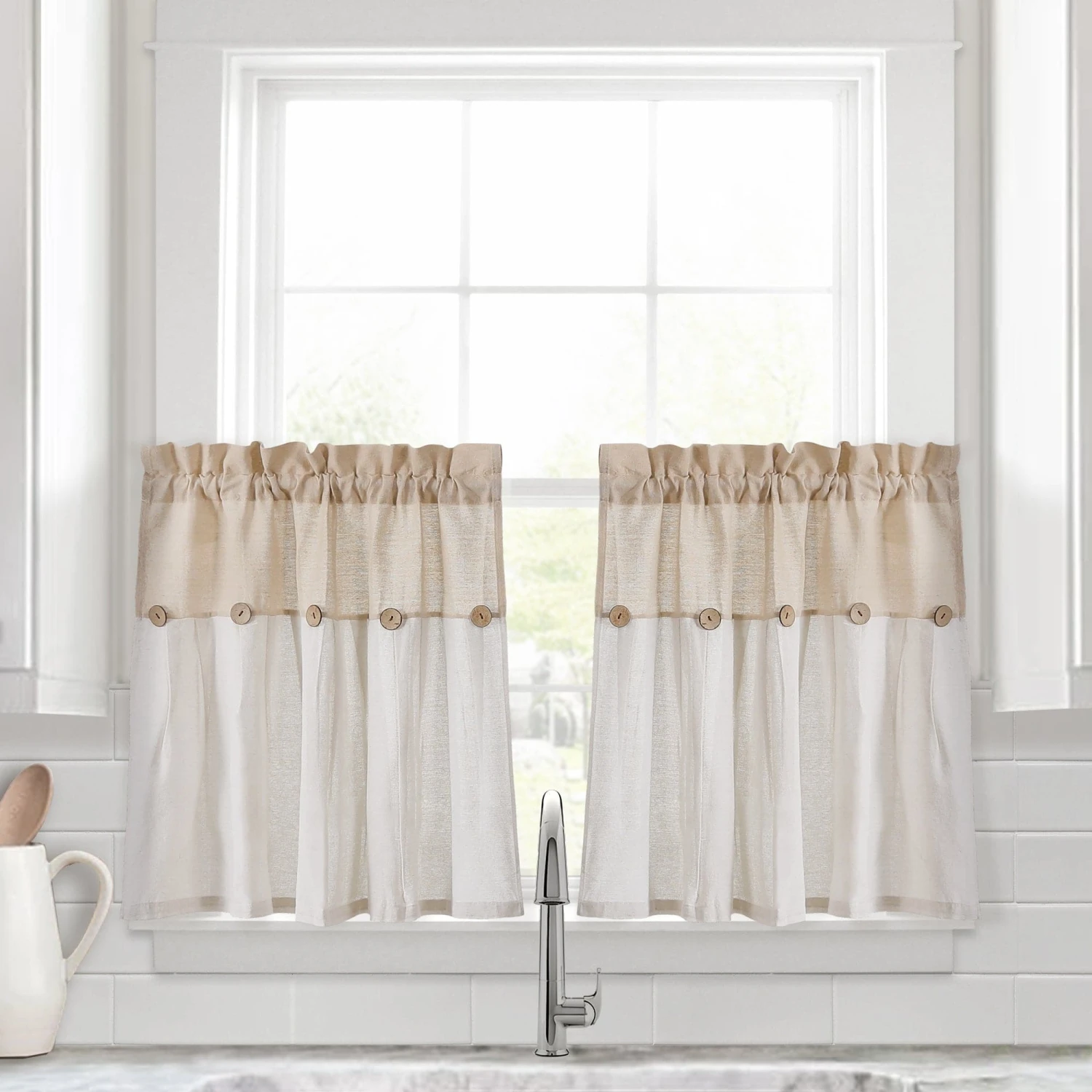 Linen Button Kitchen Window Tiers Set - Image 2