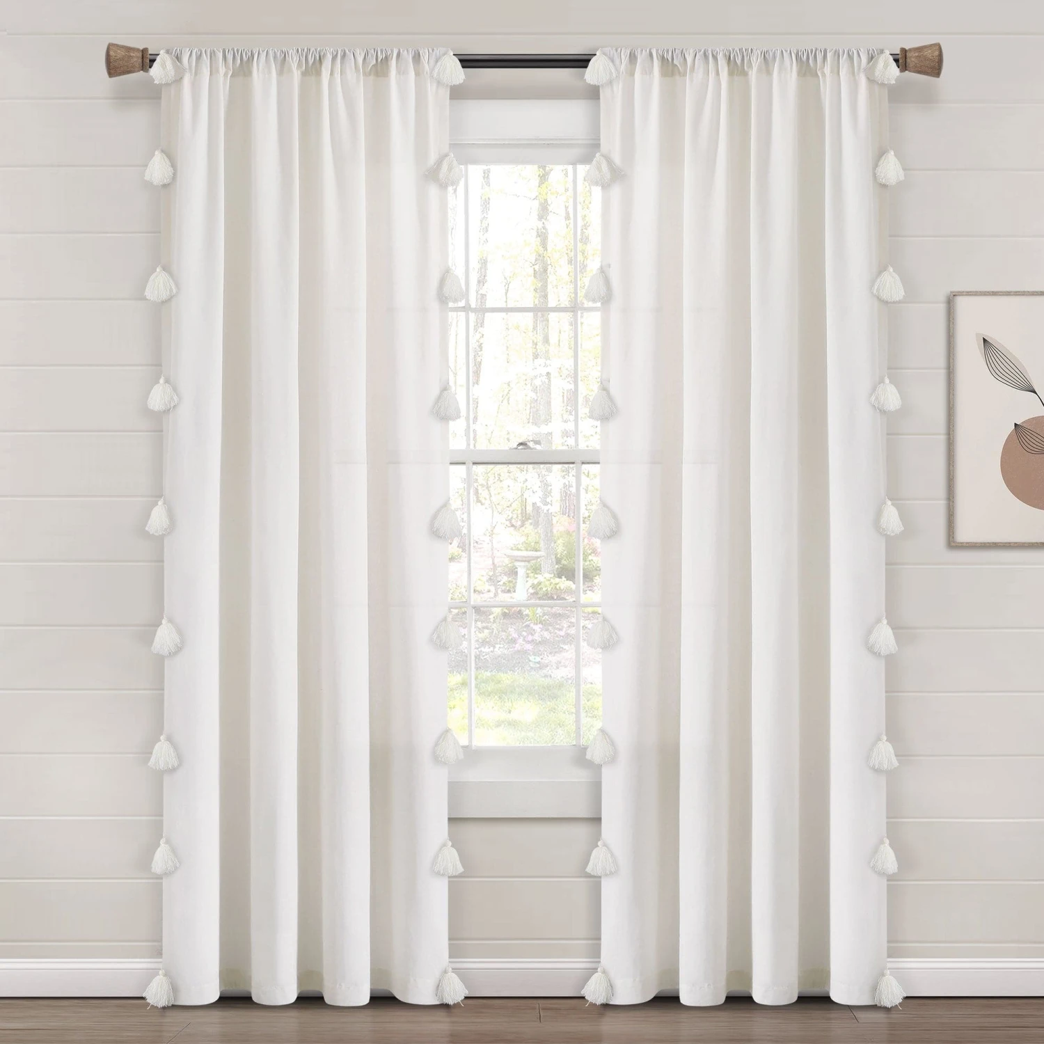 Boho Faux Linen Texture Tassel Window Curtain Panel - Image 2